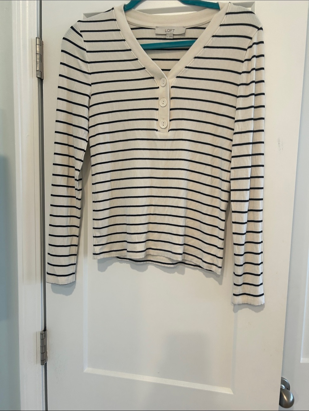 LOFT Ivory and Black Striped Henley Ribbed Long Sleeve Top Never Worn